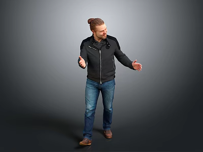 Man In Bun Hairstyle Black Jacket Blue Jeans Brown Shoes Open Hands Gray Background 3d model