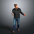 Man In Bun Hairstyle Black Jacket Blue Jeans Brown Shoes Open Hands Gray Background