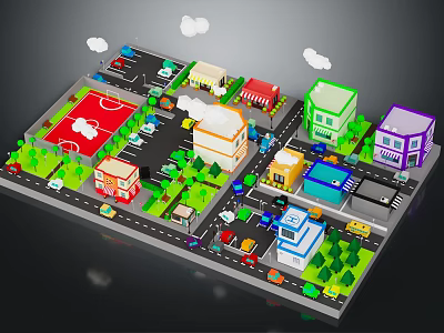 Colorful Cartoon Town Scene With Basketball Court Buildings Roads Cars Trees And Clouds 3d model