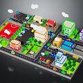 Colorful Cartoon Town Scene With Basketball Court Buildings Roads Cars Trees And Clouds