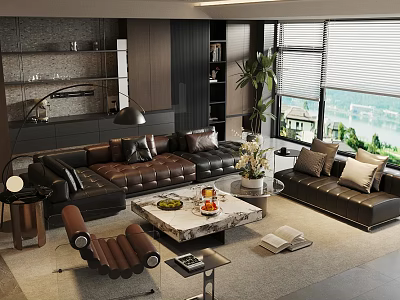 Modern Living Room Sofa Coffee Table Set With Leather Upholstery Decorative Items And Green Plants 3d model