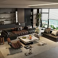Modern Living Room Sofa Coffee Table Set With Leather Upholstery Decorative Items And Green Plants