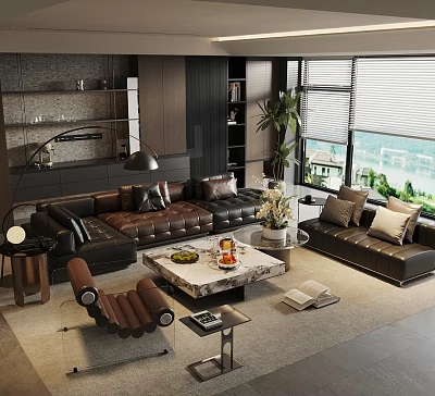 Modern Living Room Sofa Coffee Table Set With Leather Upholstery Decorative Items And Green Plants 3d model