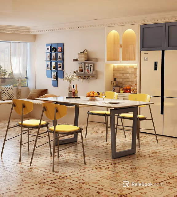 Modern Restaurant Dining Area With Yellow Chairs Open Kitchen Photo Wall And Sofa 3d model 