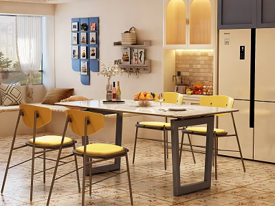 Modern Restaurant Dining Area With Yellow Chairs Open Kitchen Photo Wall And Sofa 3d model
