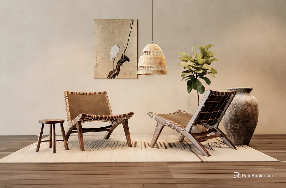 Natural Wooden Leisure Chairs With Rattan Details Side Stool Green Plant Hanging Lamp 3d model 