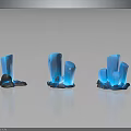 Three Blue Glowing Crystal Formations With Gray Rocks On Black Reflective Surface 3d model
