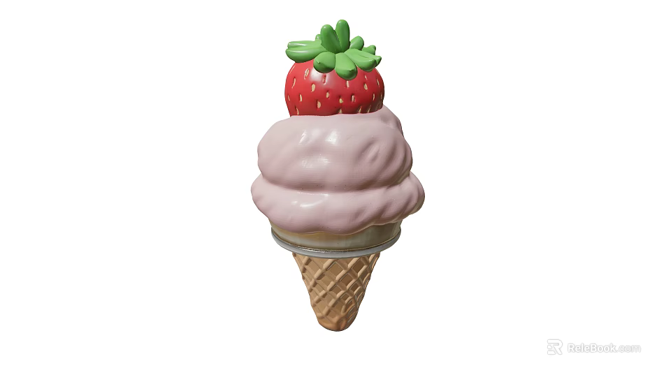 Sweet Pink Ice Cream Cone With Fresh Strawberry Topping For Summer Dessert 3d model 
