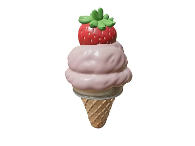 Sweet Pink Ice Cream Cone With Fresh Strawberry Topping For Summer Dessert 3d model