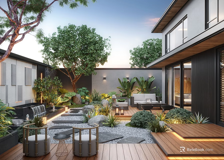 Modern Garden with Wooden Deck Stone Pathway Outdoor Furniture Green Plants and Lighting 3d model 