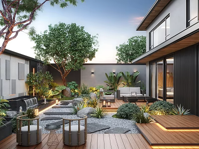 Modern Garden with Wooden Deck Stone Pathway Outdoor Furniture Green Plants and Lighting 3d model