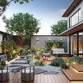 Modern Garden with Wooden Deck Stone Pathway Outdoor Furniture Green Plants and Lighting