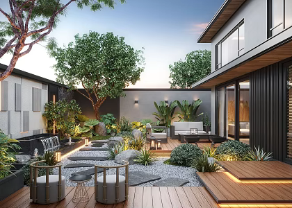 Courtyard landscape plant home courtyard villa courtyard outdoor sofa waterscape landscape wall 3d model