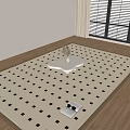 Square Rug with Beige and Black Square Patterns White Coffee Table Vase Book Bright Room