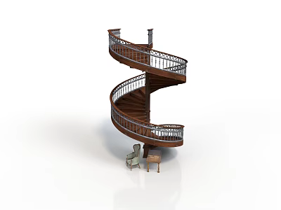 Elegant Wooden Spiral Staircase Design With Metal Railings Chair And Small Table 3d model