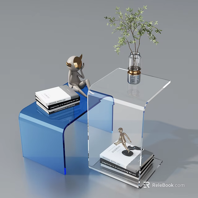 Modern Blue And Clear Acrylic Side Table With Cat Figurine Vase Books And Small Statue 3d model 