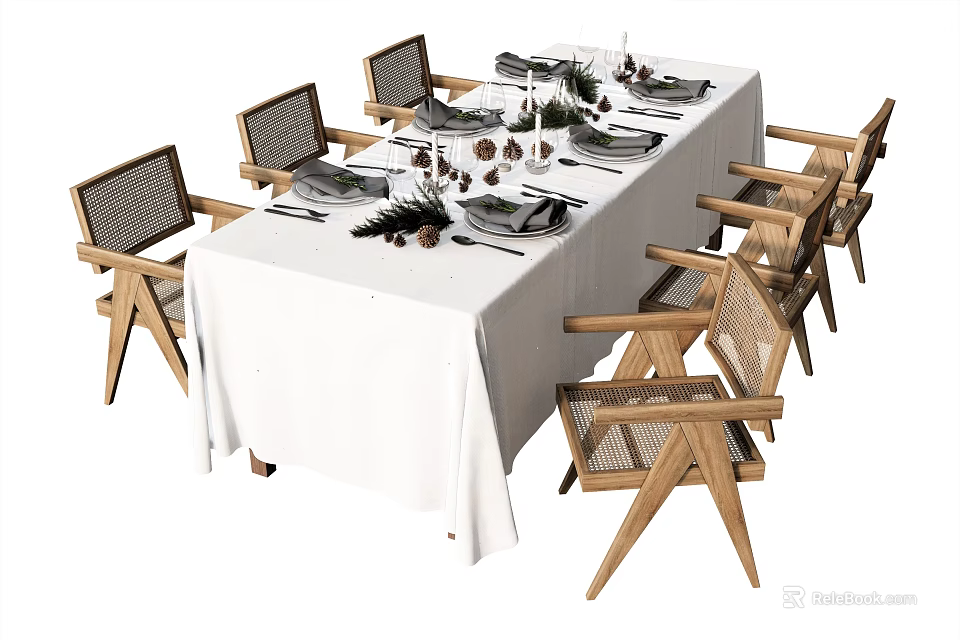 Dining Table Set With White Tablecloth Wooden Chairs Woven Backrest And Decorative Plants 3d model 