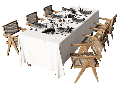 Dining Table Set With White Tablecloth Wooden Chairs Woven Backrest And Decorative Plants 3d model
