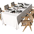 Dining Table Set With White Tablecloth Wooden Chairs Woven Backrest And Decorative Plants