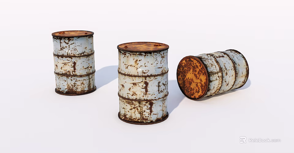 Three White Rusted Metal Barrels With Brown Rust Two Upright One Lying On White Background 3d model 