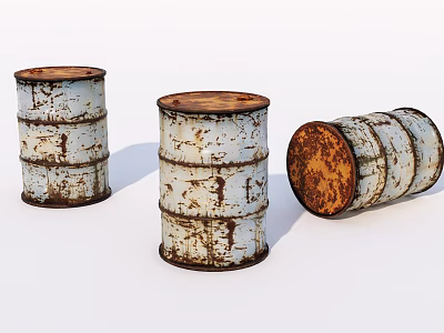 Three White Rusted Metal Barrels With Brown Rust Two Upright One Lying On White Background 3d model
