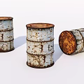 Three White Rusted Metal Barrels With Brown Rust Two Upright One Lying On White Background