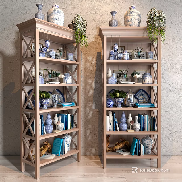 Wooden Bookcase Decorative Ornament Set With Blue White Ceramic Vases Green Plants And Books 3d model 