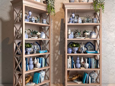 Wooden Bookcase Decorative Ornament Set With Blue White Ceramic Vases Green Plants And Books 3d model