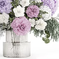 Silver Textured Vase with Pink Purple White Mixed Flowers and Green Foliage