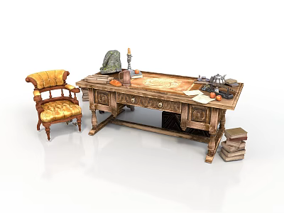 Vintage Wooden Writing Desk With Yellow Cushioned Chair And Candle Map Books 3d model