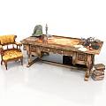 Vintage Wooden Writing Desk With Yellow Cushioned Chair And Candle Map Books