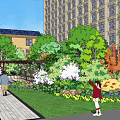 Park Landscape With Green And Red Trees People Walking Stone Sculpture And Building Background