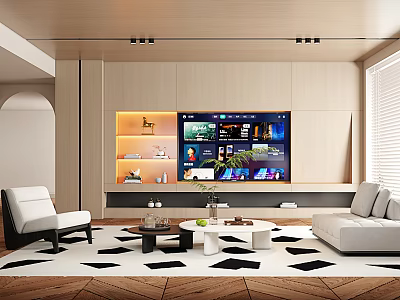 Modern Living Room Interior Design With TV Wall Sofa Area Rug And Wooden Decor Shelves 3d model
