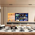 Modern Living Room Interior Design With TV Wall Sofa Area Rug And Wooden Decor Shelves