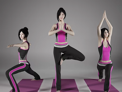 Women Practicing Yoga In Different Poses With Pink Sportswear On Mats 3d model