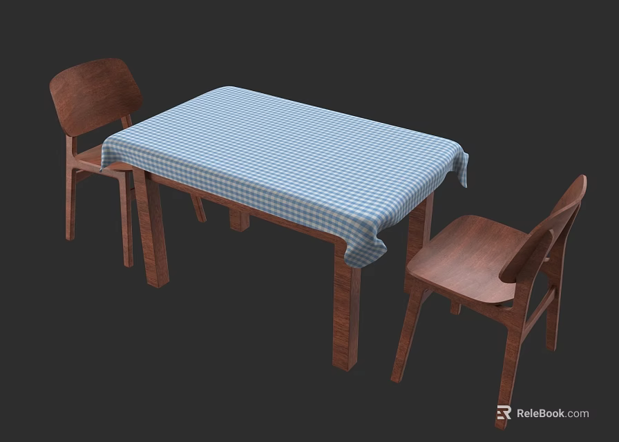 Wooden Dining Table And Chairs Set With Blue Checkered Tablecloth For Home 3d model 