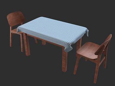 Wooden Dining Table And Chairs Set With Blue Checkered Tablecloth For Home 3d model