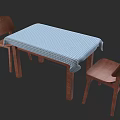 Wooden Dining Table And Chairs Set With Blue Checkered Tablecloth For Home