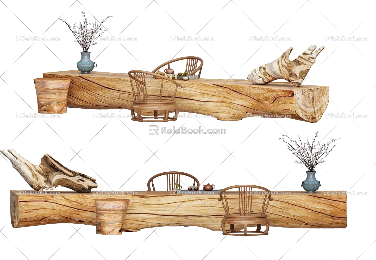 Root carving tea table and chair combination 3d model