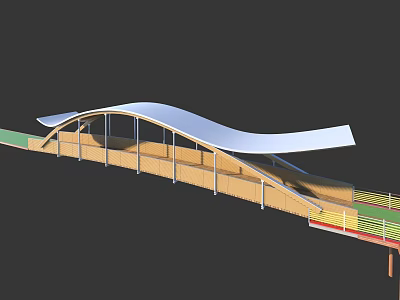 Modern Landscape Bridge With Curved White Roof Wooden Deck Railings And Green Yellow Pathway 3d model