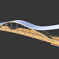 Modern Landscape Bridge With Curved White Roof Wooden Deck Railings And Green Yellow Pathway