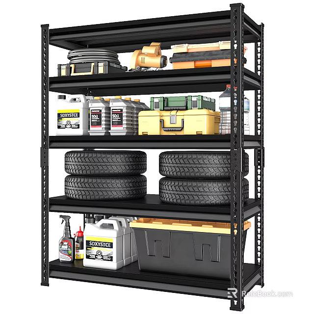 Multi Tiered Storage Shelf With Stacked Tires Toolbox And Oil Containers 3d model 