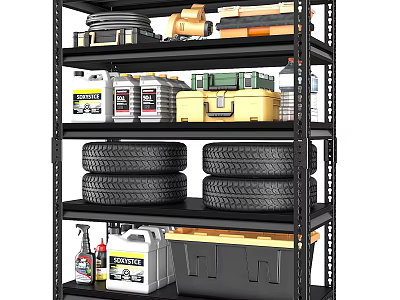 Multi Tiered Storage Shelf With Stacked Tires Toolbox And Oil Containers 3d model