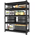Multi Tiered Storage Shelf With Stacked Tires Toolbox And Oil Containers