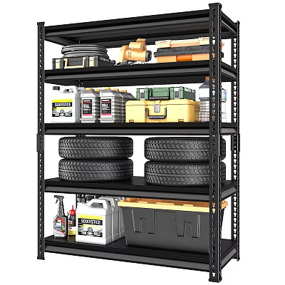 Multi Tiered Storage Shelf With Stacked Tires Toolbox And Oil Containers 3d model