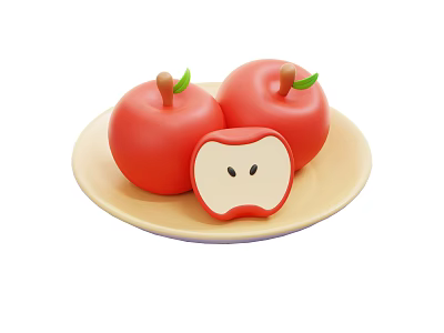 Three Fresh Red Apples on Yellow Plate with Sliced Flesh and Seeds 3d model