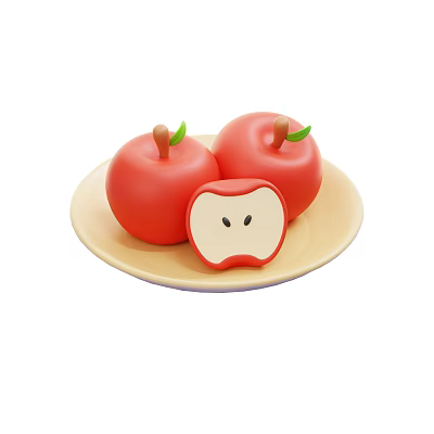 Three Fresh Red Apples on Yellow Plate with Sliced Flesh and Seeds 3d model