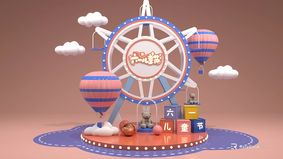 Children's Day Festive Scene With Ferris Wheel Hot Air Balloons Building Blocks And Teddy Bear 3d model 