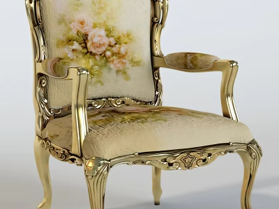 European Style Leisure Chair With Gold Carved Armrest And Beige Floral Fabric Backrest 3d model