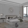 Modern Bedroom Interior With Upholstered Double Bed Plush Pillows Cozy Blanket And Decorative Mirror